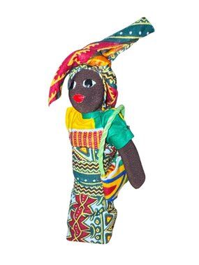 Handcrafted African Fabric Doll with Wooden Base - Bright Kente-Inspired Pattern